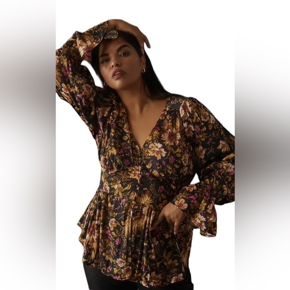 Anthropologie Deep V-Neck Floral Blouse Small - Picture 5 of 16